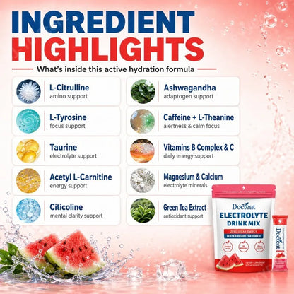 Electrolyte Drink Mix Zero Sugar Hydration Energy Support with Electrolytes Amino Acids Watermelon Flavor 15 Sticks