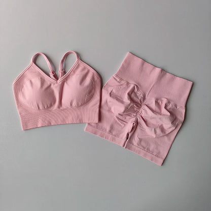 Workout Sets for Women, V Back Sports Bra with High Waist Shorts, Moisture Wicking Yoga Outfit for Training
