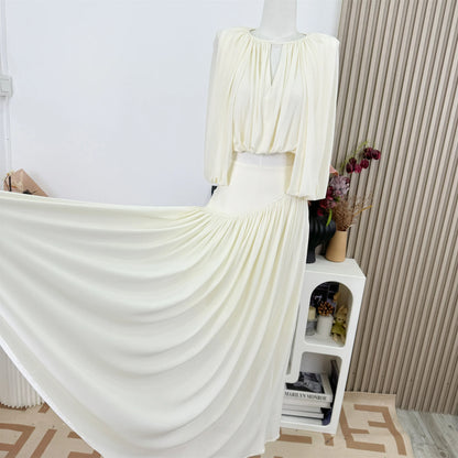 Women's Elegant Spring Summer Two Pieces Skirt Set Lady O Neck Half Sleeve Short Blouse Top + A Line Long Skirt