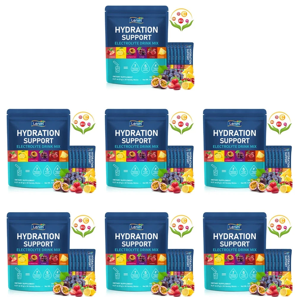 Lenm Electrolyte Drink Mix Powder with 7 Electrolytes and 5 Vitamins, Sugar-Free Vegan Travel Hydration Support 24 Sticks