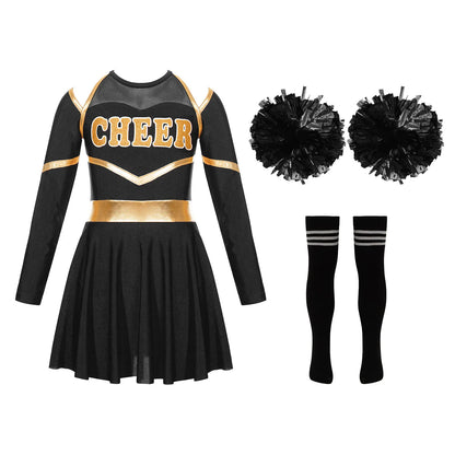 Kids Girls Cheerleading Cheer Dance Costume Cheerleader Dancing Outfits Long Sleeve Dress with Flower Balls Socks Halloween Sets
