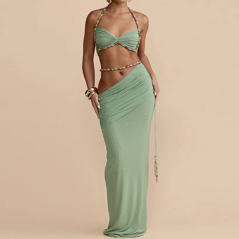 Women's Beach Style Halter Backless Sleeveless Short Top with Maxi Skirt Two Piece Set Summer Sexy Solid Patchwork Slim Outfit