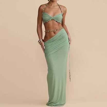 Women's Beach Style Halter Backless Sleeveless Short Top with Maxi Skirt Two Piece Set Summer Sexy Solid Patchwork Slim Outfit