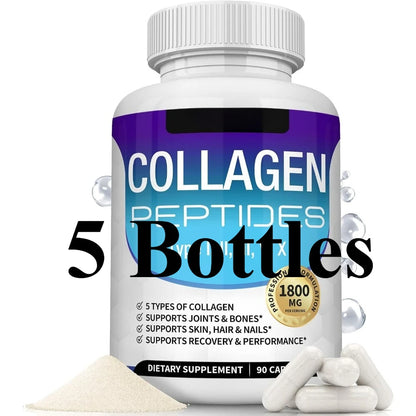 Collagen Peptides Capsules with 5 Types of Collagen for Joints, Bones, Skin, Hair & Nails Wellness Support, Adults, 90 Capsules