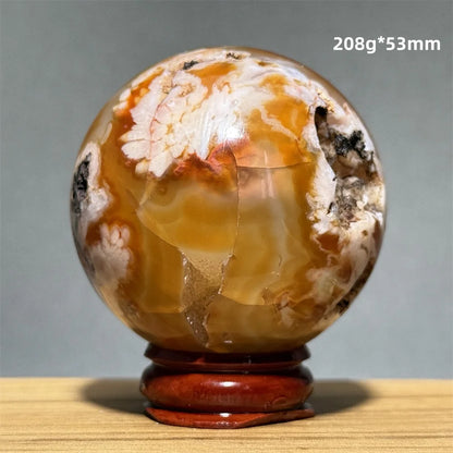 Red Cherry Blossom Agate Ball Natural Mineral Gem Aura Spiritual Meditation Massage Energy Divination Home Decoration Gift+Base