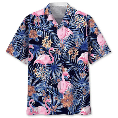 Anime Cartoon Flamingo Funny Shirt For Men Retro Plant 3D Print Leisure Quickly Dry Button Shirts Summer Street Popular Blouse