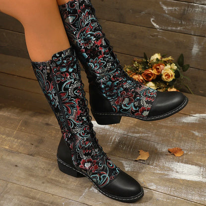 Women's Boots for Winter New Best-selling Bohemian Embroidered Zipper Boots Large Size Folk Style Color-blocking Western Boots