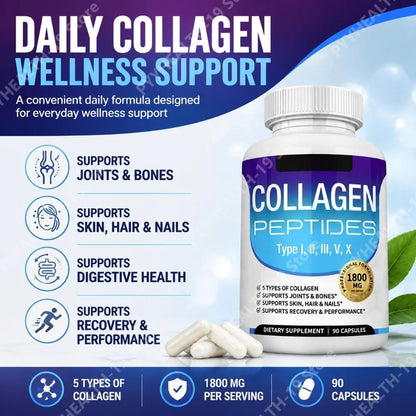 Collagen Peptides Capsules with 5 Types of Collagen for Joints, Bones, Skin, Hair & Nails Wellness Support, Adults, 90 Capsules