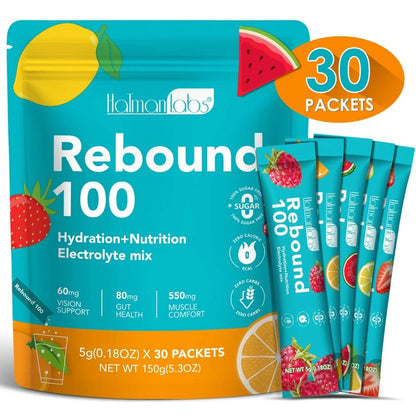 Halmonlabs Rebound 100 Electrolyte Mix Powder Daily Hydration Support with Calcium, Magnesium, Potassium & Sodium 30 Packets
