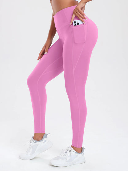 Women Leggings with Double Pockets Solid Color High Waist Butt Lifting Workout Tights Slim Elastic Pants Casual Wear