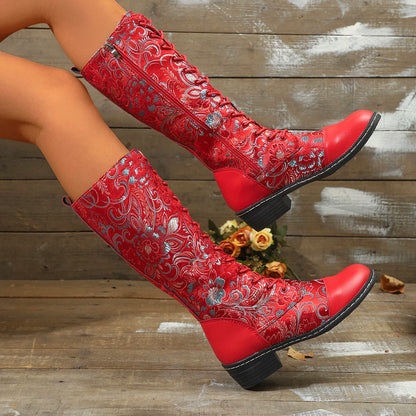 Women's Boots for Winter New Best-selling Bohemian Embroidered Zipper Boots Large Size Folk Style Color-blocking Western Boots
