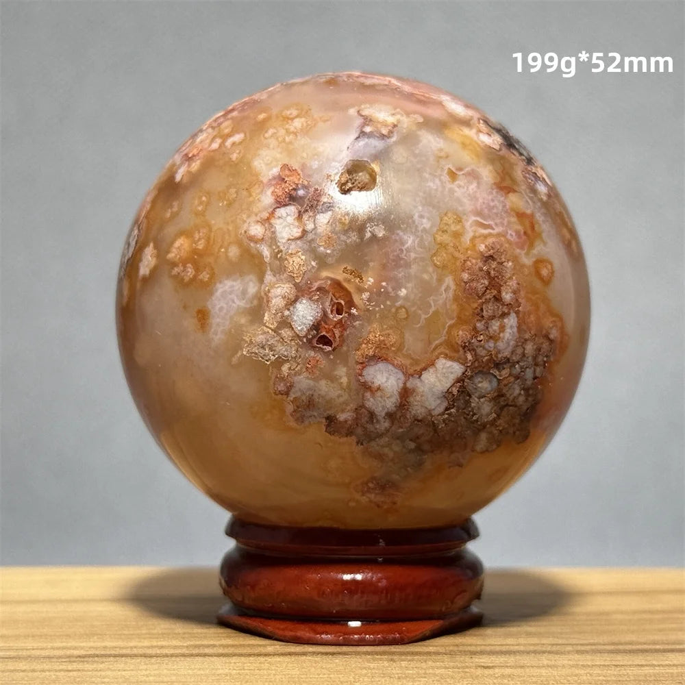 Red Cherry Blossom Agate Ball Natural Mineral Gem Aura Spiritual Meditation Massage Energy Divination Home Decoration Gift+Base