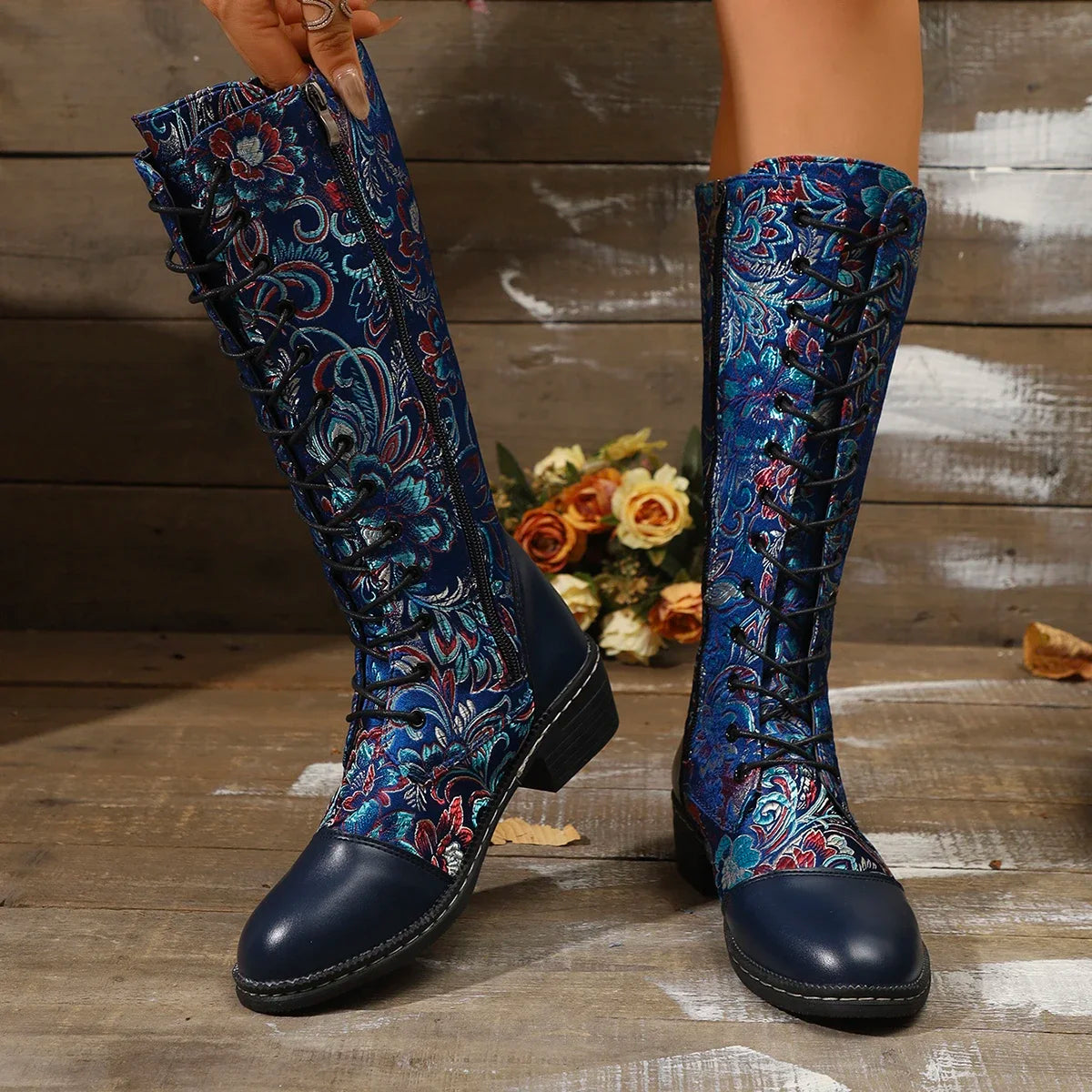 Women's Boots for Winter New Best-selling Bohemian Embroidered Zipper Boots Large Size Folk Style Color-blocking Western Boots