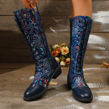 Women's Boots for Winter New Best-selling Bohemian Embroidered Zipper Boots Large Size Folk Style Color-blocking Western Boots