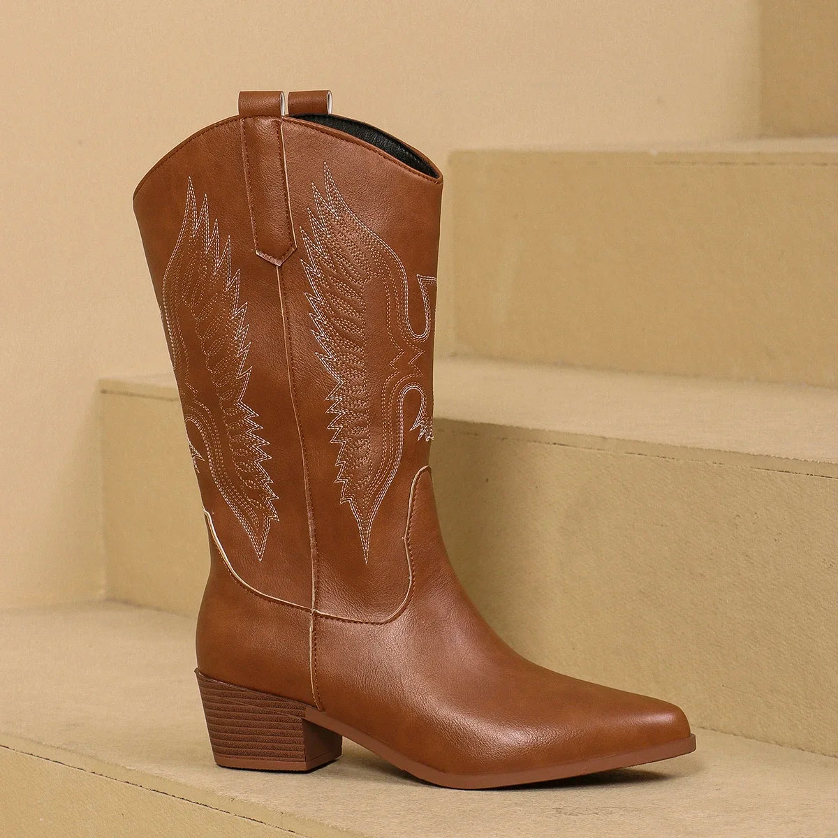 2025 Spring and Fall Fashion Pointy Solid Color Women's Mid-calf Boots with Mid-heel Sleeves Embroidered Western Cowboy Boots