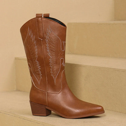 2025 Spring and Fall Fashion Pointy Solid Color Women's Mid-calf Boots with Mid-heel Sleeves Embroidered Western Cowboy Boots