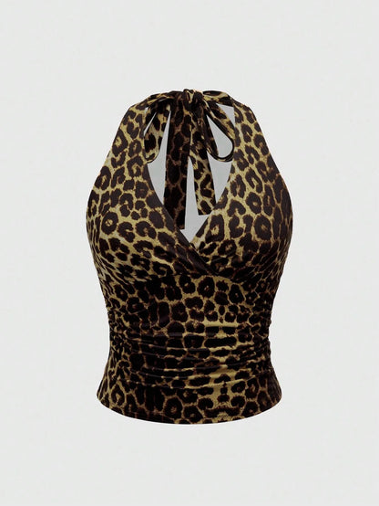 Retro Leopard Print Backless Fashion Sleeveless Summer Women's Casual Halterneck Vest Sexy Backless Lace-up Top Ropa Para Mujer