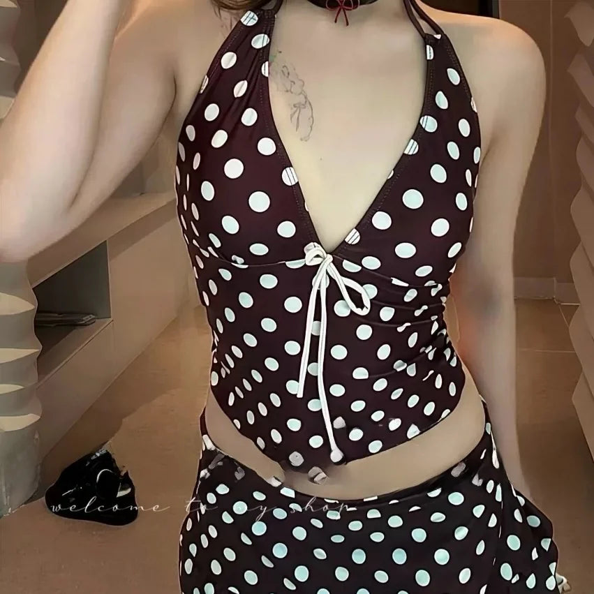 Women's Polka Dot Halter Neck Bikini  Swimsuit Slimming Small Chest Flattering Island Vacation Sportswear Yoga Fitness