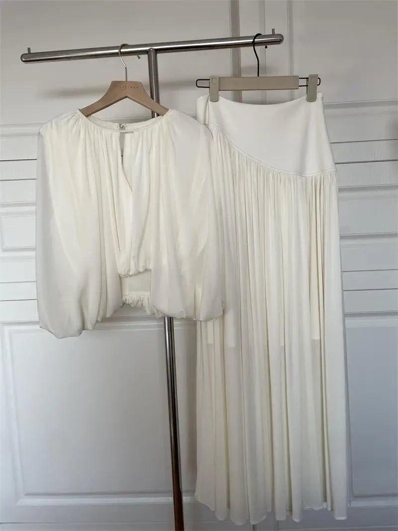 Women's Elegant Spring Summer Two Pieces Skirt Set Lady O Neck Half Sleeve Short Blouse Top + A Line Long Skirt