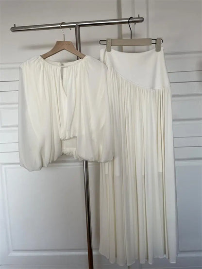 Women's Elegant Spring Summer Two Pieces Skirt Set Lady O Neck Half Sleeve Short Blouse Top + A Line Long Skirt