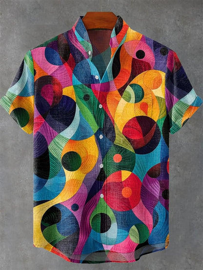 Vintage Men's Shirt Comfortable Short Sleeve Fashion 3D Crane Printed Art Pattern, Button Top, Summer Top