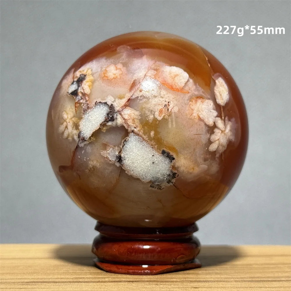 Red Cherry Blossom Agate Ball Natural Mineral Gem Aura Spiritual Meditation Massage Energy Divination Home Decoration Gift+Base