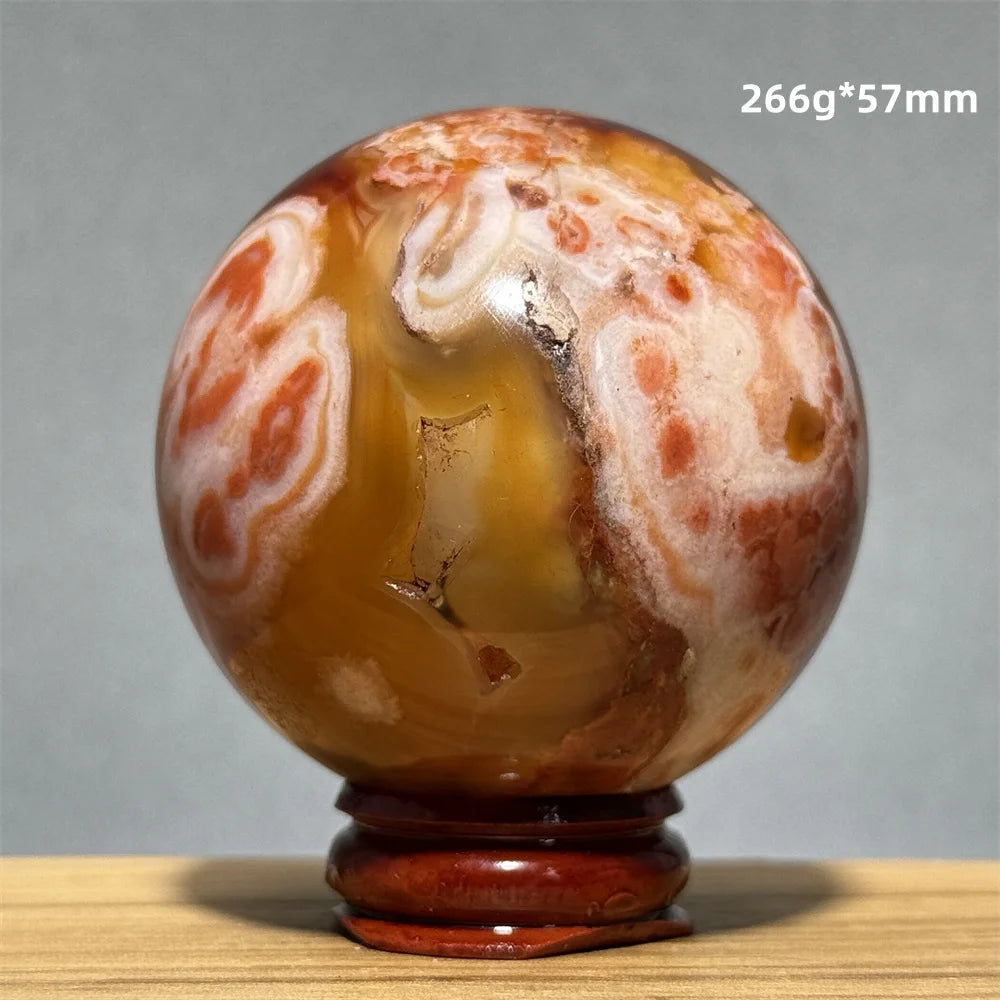 Red Cherry Blossom Agate Ball Natural Mineral Gem Aura Spiritual Meditation Massage Energy Divination Home Decoration Gift+Base