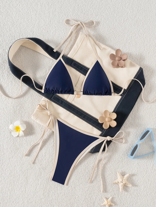 Sexy Navy Patchwork Bikini Set 2026 Women Halter Push Up Bra Triangle Swimsuit Brazilian Beach Bathing Suit Micro Swimwear