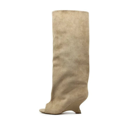 2026Women's Fish Mouth Thick High Heels Knee Length Cool Boots Slant Heel Fashion Show Large Size Spring/Summer Women's Boots