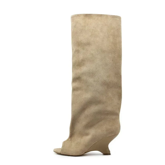 2026Women's Fish Mouth Thick High Heels Knee Length Cool Boots Slant Heel Fashion Show Large Size Spring/Summer Women's Boots