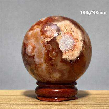 Red Cherry Blossom Agate Ball Natural Mineral Gem Aura Spiritual Meditation Massage Energy Divination Home Decoration Gift+Base