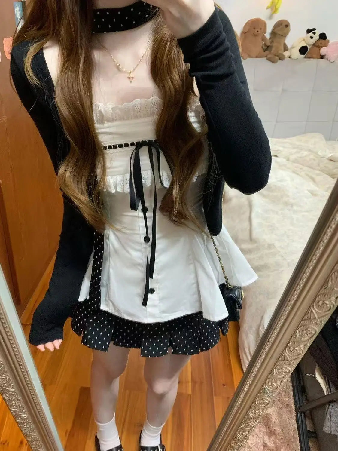 Korea Chic Patchwork Design Party Sets Loose Cardigan Jacket + Lace Bow Camisole Top + Mini Skirt Sweet Three-piece Set Women