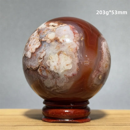 Red Cherry Blossom Agate Ball Natural Mineral Gem Aura Spiritual Meditation Massage Energy Divination Home Decoration Gift+Base
