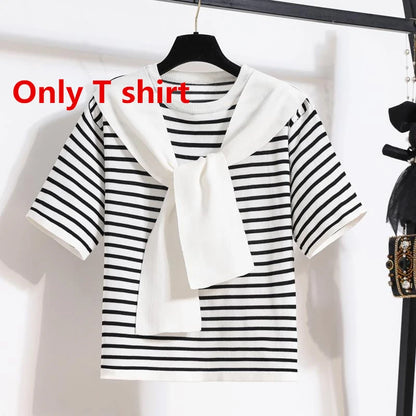 Women Casual Stripe Shawl T Shirt Skirts Two Piece Set 2025 Summer Student Fashion Tops Denim A-Line Skirt Outfits Lady Clothes