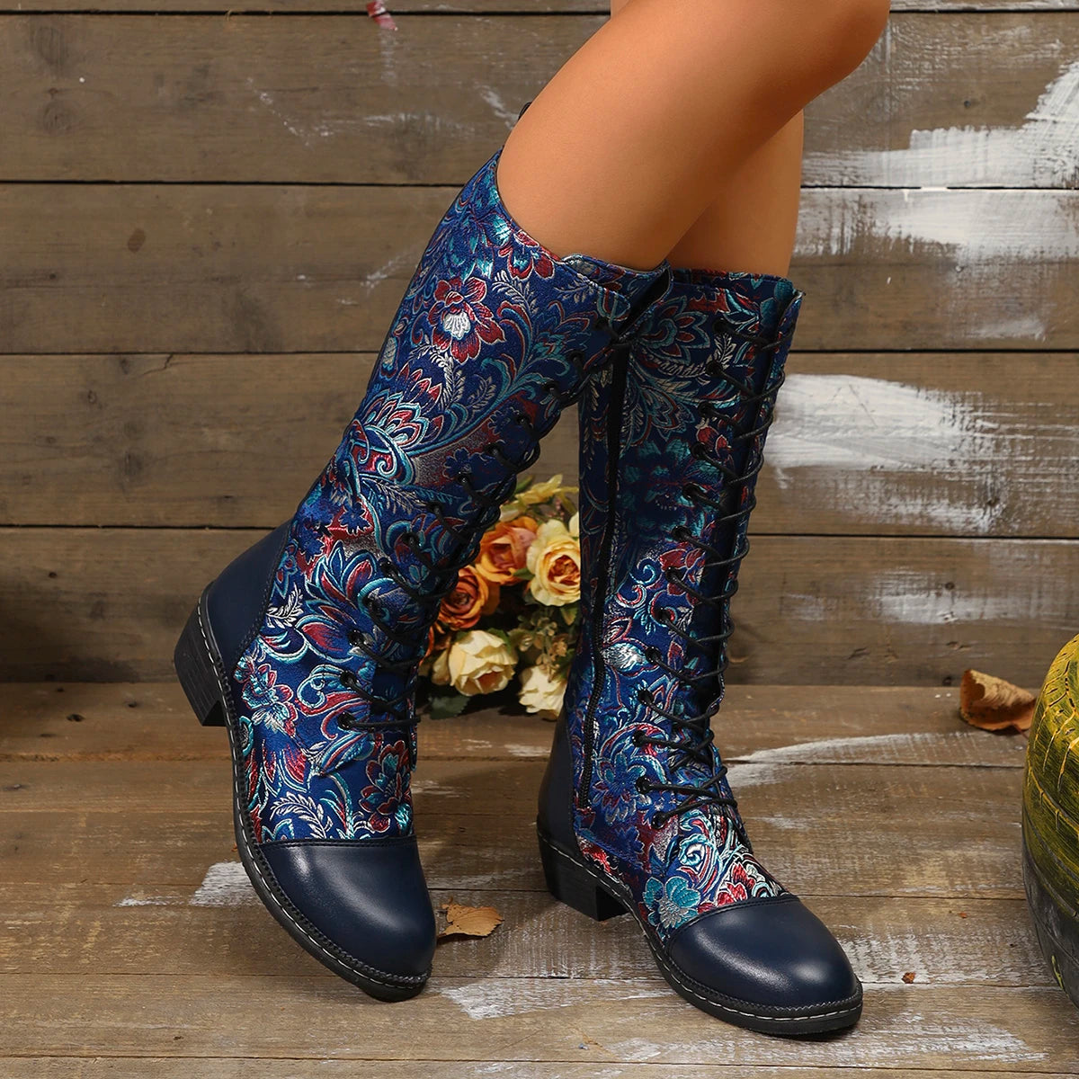Women's Boots for Winter New Best-selling Bohemian Embroidered Zipper Boots Large Size Folk Style Color-blocking Western Boots