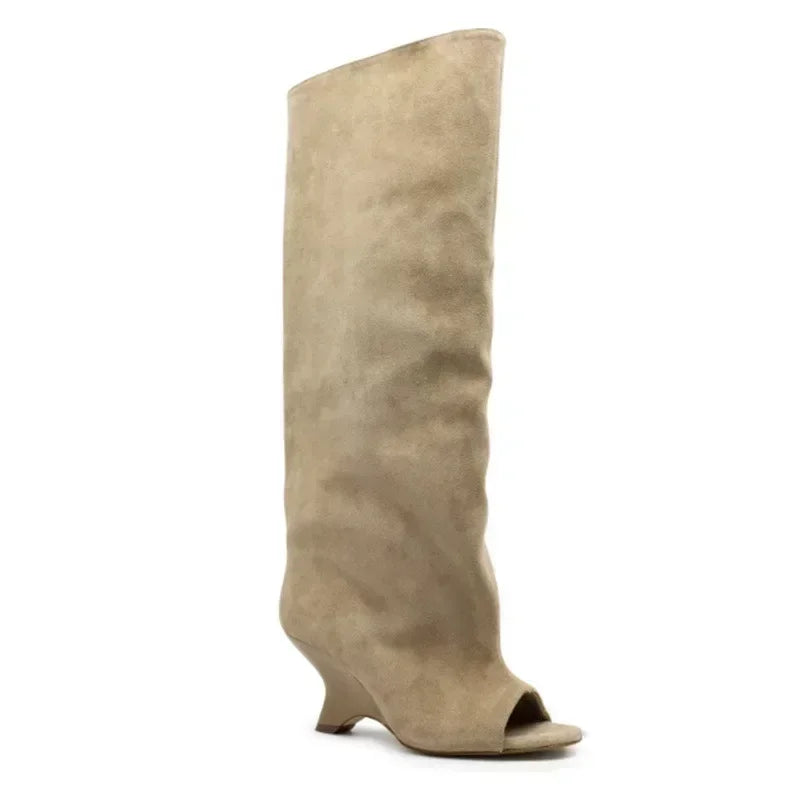 2026Women's Fish Mouth Thick High Heels Knee Length Cool Boots Slant Heel Fashion Show Large Size Spring/Summer Women's Boots