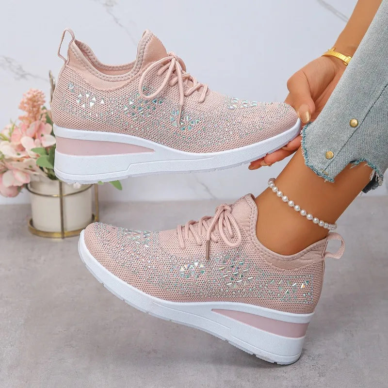 Sneakers Fall New Fashion  Round Toe Rhinestone Mesh Lace-Up Front Platform Non-Slip Wear-Resistant Wedge