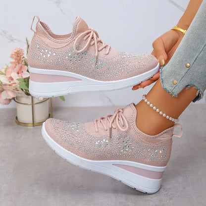 Sneakers Fall New Fashion  Round Toe Rhinestone Mesh Lace-Up Front Platform Non-Slip Wear-Resistant Wedge