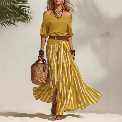 Women Multiple Colors Off Shoulder Puff Sleeve Top Vertical Stripe Flowy Maxi Skirt 2 Piece Outfit Loose Casual Vacation Set