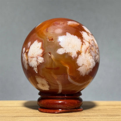 Red Cherry Blossom Agate Ball Natural Mineral Gem Aura Spiritual Meditation Massage Energy Divination Home Decoration Gift+Base