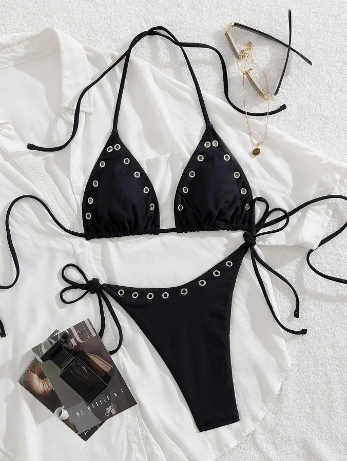 Attractive Sexy Black Rivet Tie Bikini Women's Separate Beach Swimming Suit Set Triangular Design with Chest Pad No Steel Sup...