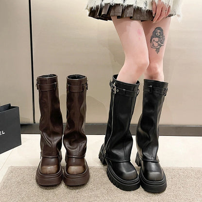 Winter Women Biker Boots Fashion Belt Buckle Ladies Elegant Platform Long Pipe Booties Casual Women's Knee High Booties2024