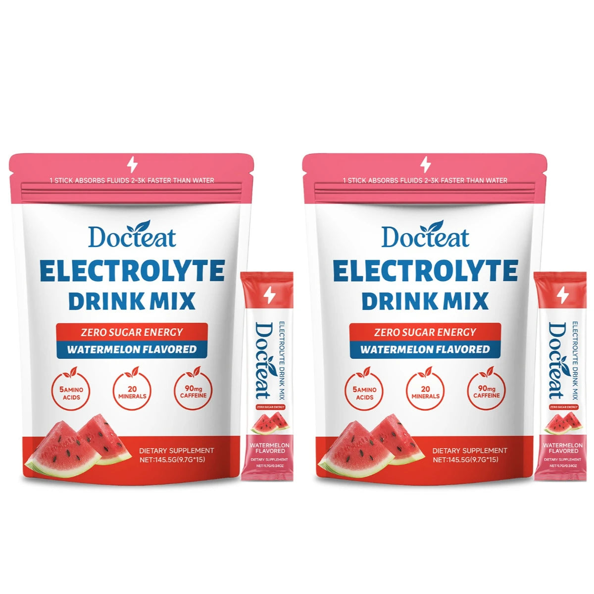 Electrolyte Drink Mix Zero Sugar Hydration Energy Support with Electrolytes Amino Acids Watermelon Flavor 15 Sticks