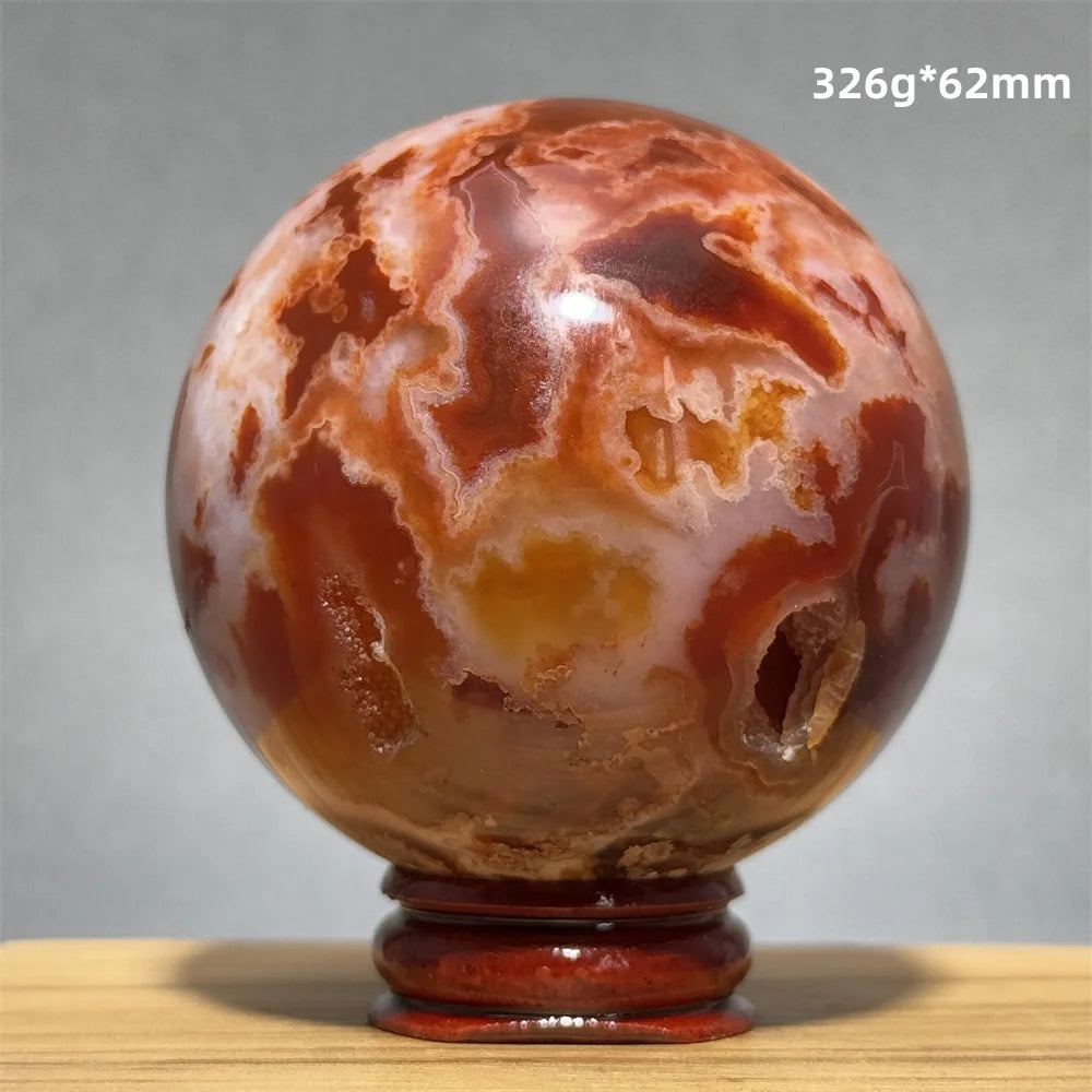 Red Cherry Blossom Agate Ball Natural Mineral Gem Aura Spiritual Meditation Massage Energy Divination Home Decoration Gift+Base