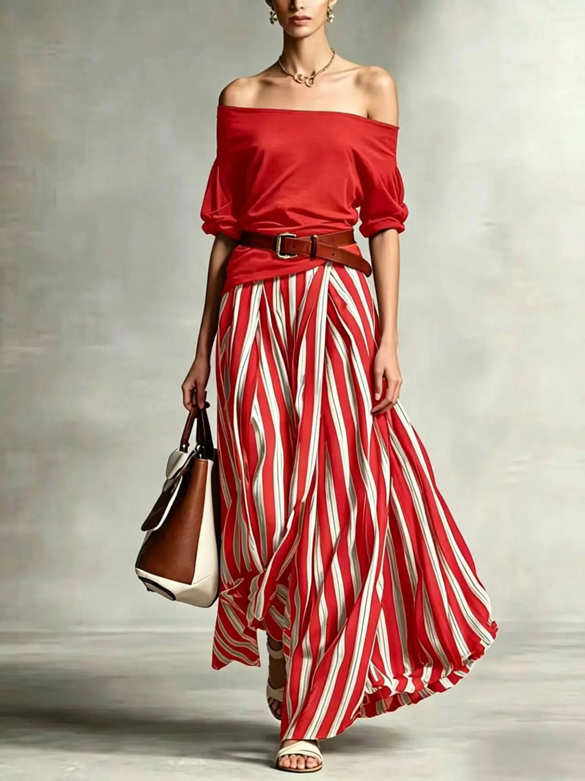 Women Multiple Colors Off Shoulder Puff Sleeve Top Vertical Stripe Flowy Maxi Skirt 2 Piece Outfit Loose Casual Vacation Set