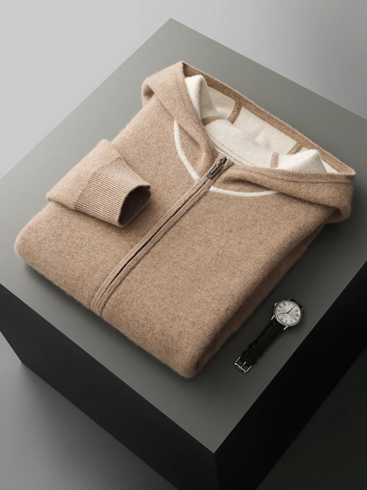 Luxury Men's 100% Cashmere Hooded Sweater Cardigan Casual Cashmere Pants Thick Warm Knitwear Autumn Winter Jacket Hoodie Tops