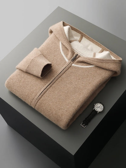 Luxury Men's 100% Cashmere Hooded Sweater Cardigan Casual Cashmere Pants Thick Warm Knitwear Autumn Winter Jacket Hoodie Tops
