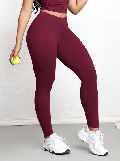 Women Leggings with Double Pockets Solid Color High Waist Butt Lifting Workout Tights Slim Elastic Pants Casual Wear