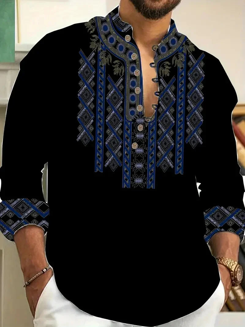New Men's Long Sleeve Linen Shirt Tribal Vintage Street Long Sleeve Comfortable Soft Breathable Fashion Trend