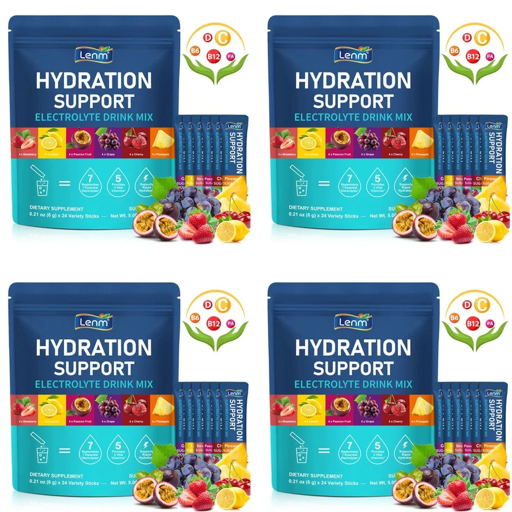 Lenm Electrolyte Drink Mix Powder with 7 Electrolytes and 5 Vitamins, Sugar-Free Vegan Travel Hydration Support 24 Sticks